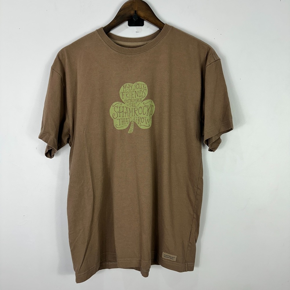 Life Is Good T-Shirt S Brown Shamrock Graphic Tee St Patrick's Day Irish Cottage